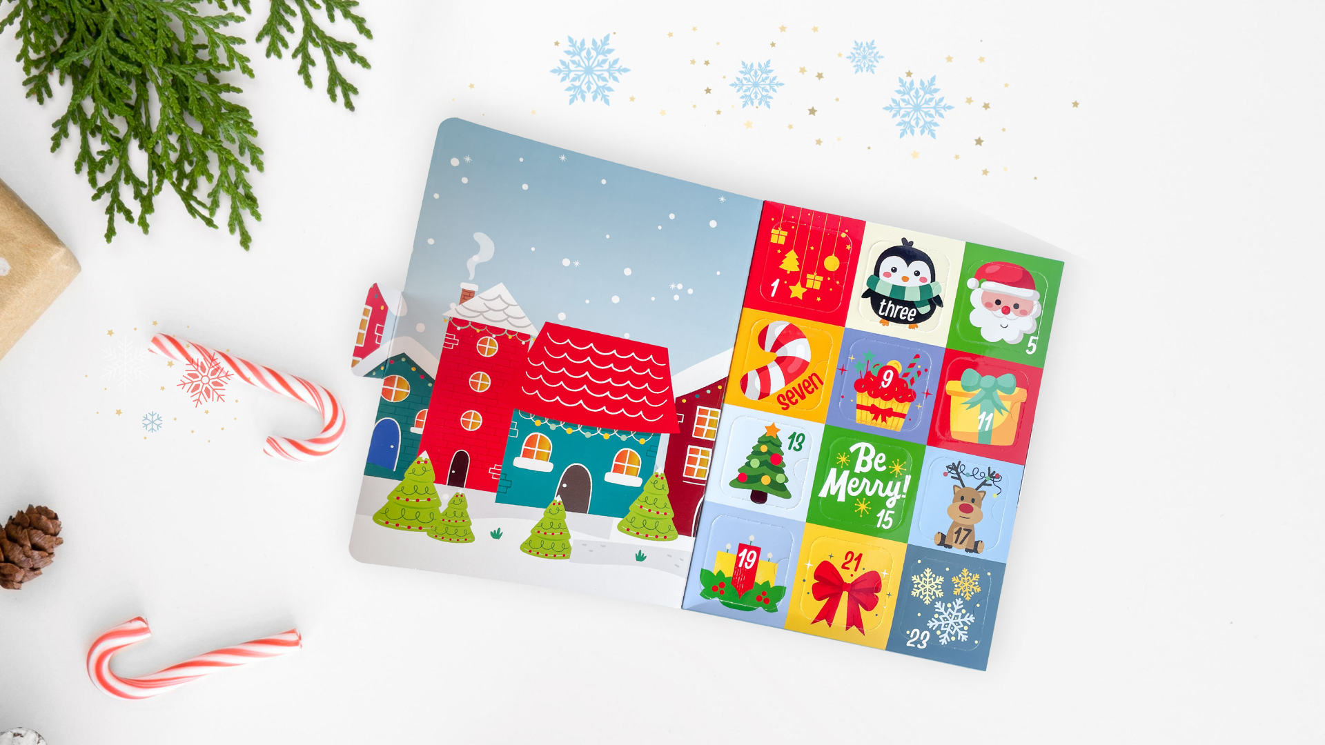 Christmas-themed advent calendar with colorful designs on a white background